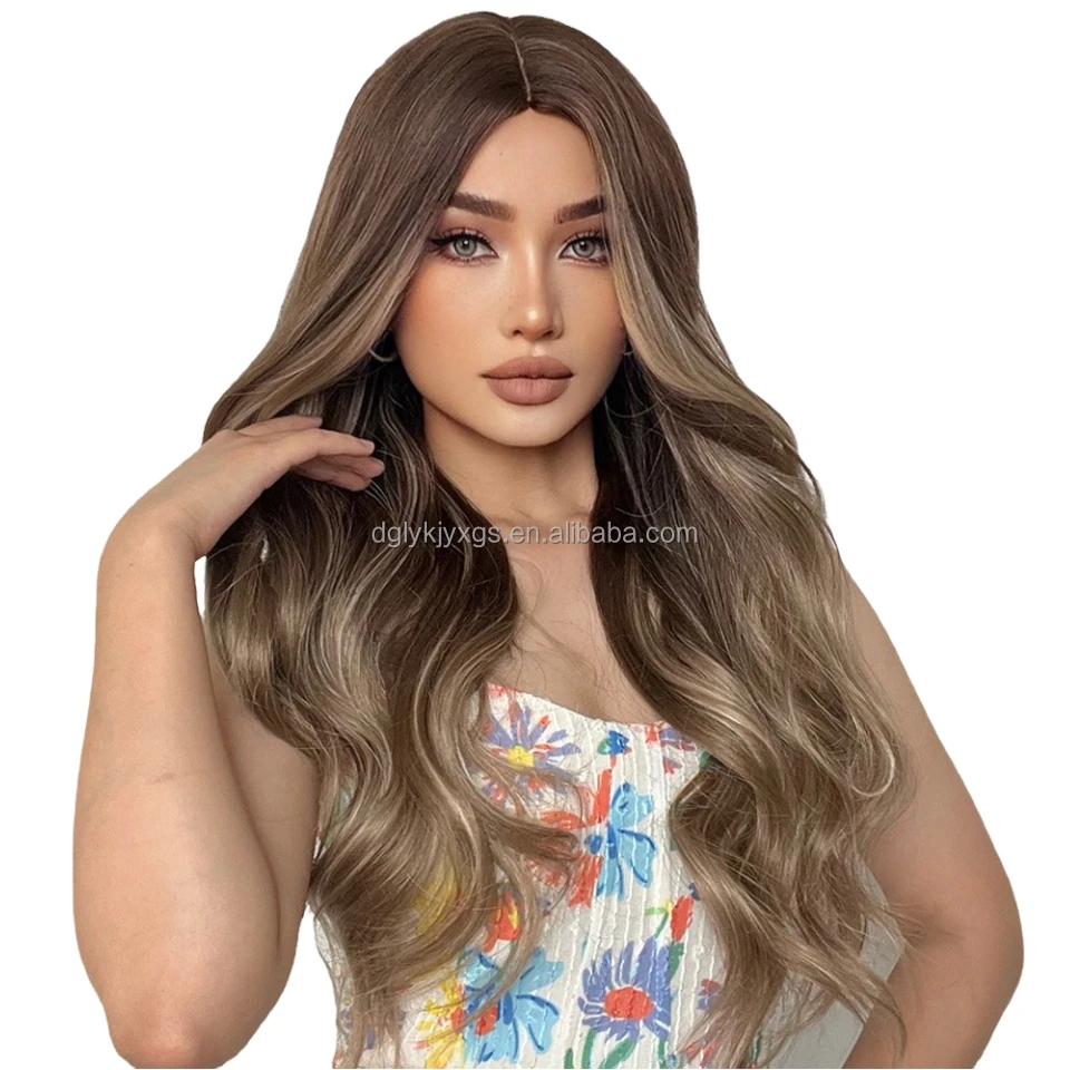 WH35 New style Medium Divider length curly hair Body wave wig Pick Dyeing gradient gray brown Synthetic Hair Wigs for women hair