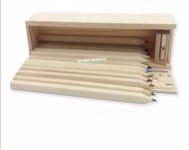Wholesale 12 Natural Coating Wooden Color Pencil with Wooden Box, Sharpener and Ruler