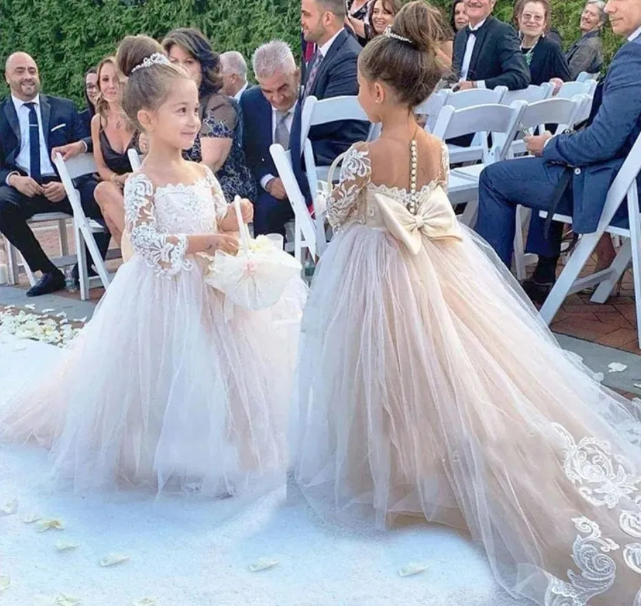 Hot Sale Puffy Big Size Appliqued Lace Ball Gown Long Sleeve Customized Appliques Kids Wedding Flower Girl Dresses MF505