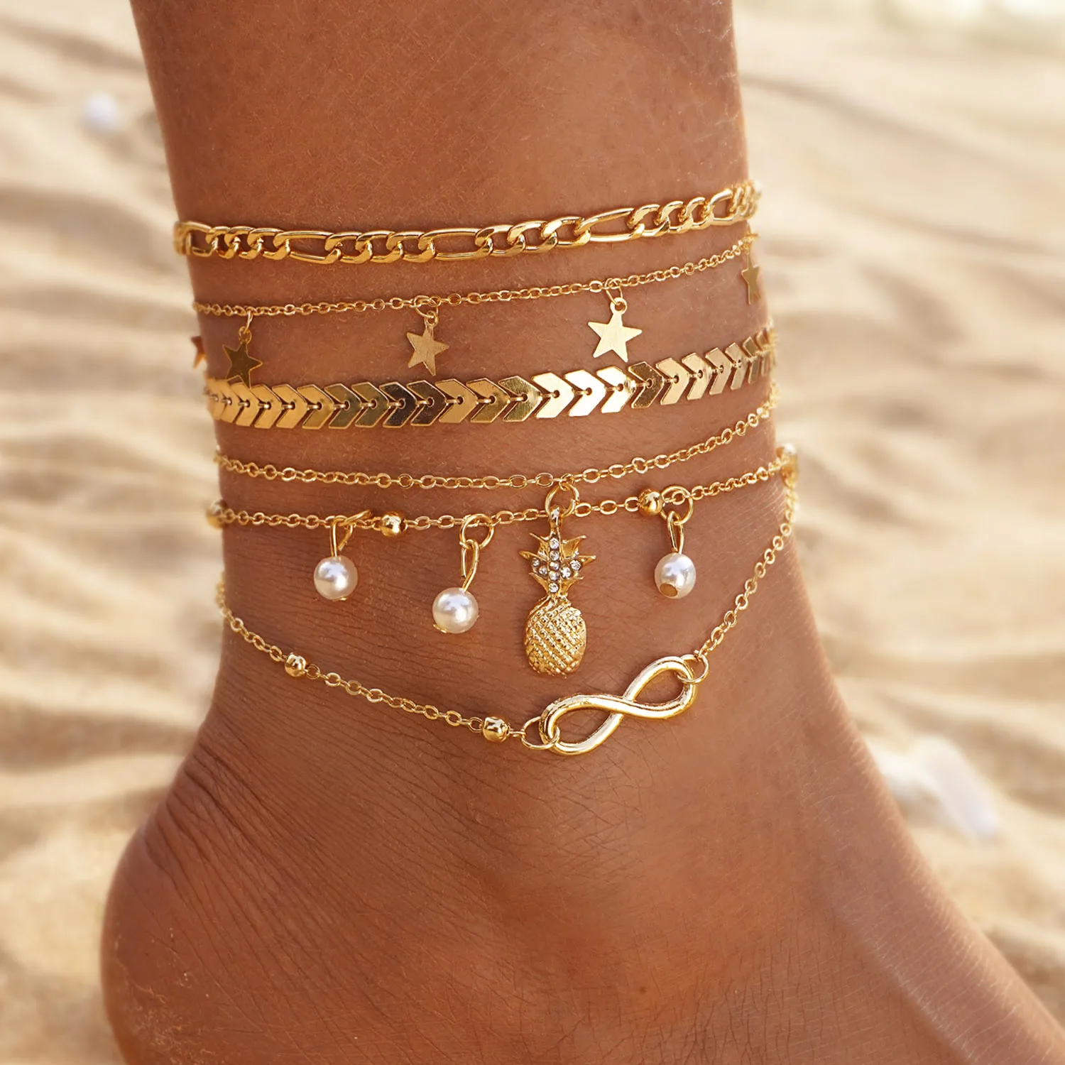 2023 New Bohemia Charm Chain Ankle Bracelet On Leg Foot Jewelry Boho Pineapple Star Pendant Anklet Set For Women Accessories