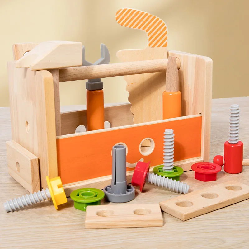Wholesale Wooden Workbench Cartoon Tool Basket Multi Functional Pretend Play Game Educational Toys for Kids Construction and Rep