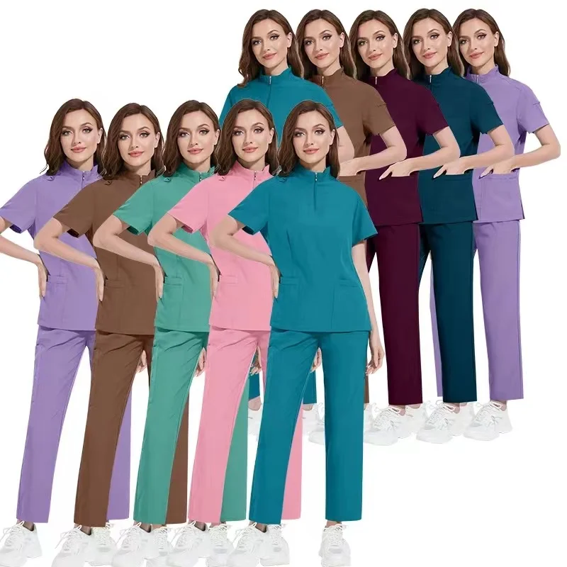 Pharmacy Scrub Suit Doctor Nurse Stretch Scrubs Uniforms Dental Clinic Women Zipper Up Scrub Shirt Jogger Pants Workwear