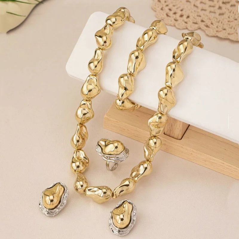 Trendy Europe And America Necklace Bracelet Earrings And Ring Women Suitable For Parties Daily Wear Irregular Pearl Jewelry Set