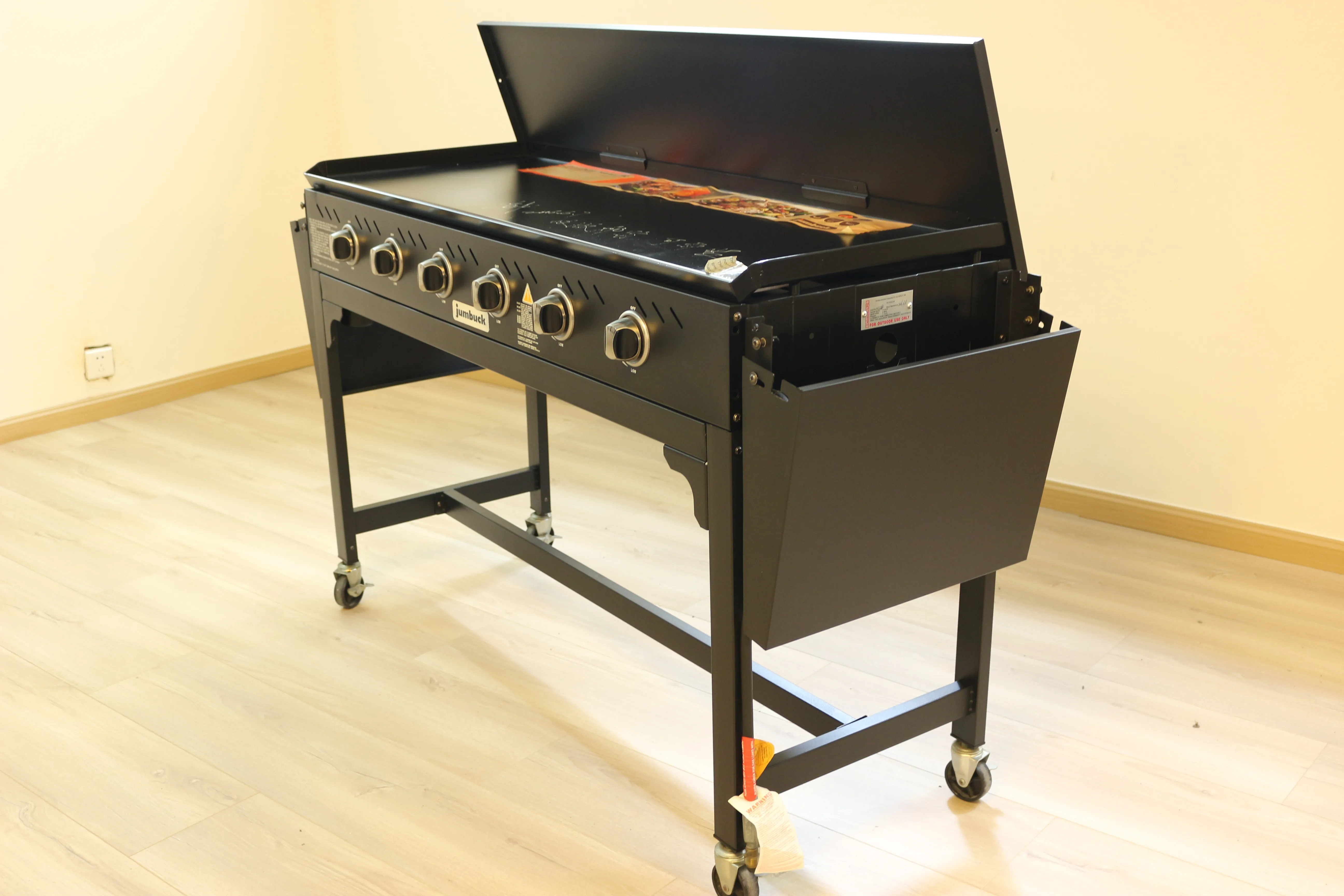 High Quality Outdoor Propane-Fueled BBQ Grill with Cooking Area Square Metal Trolley Flat Top Gas Griddle and Main Burners
