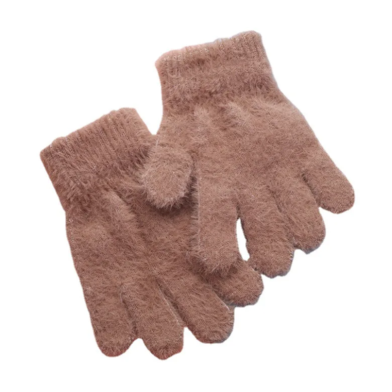 Wefans 2021 winter gloves warm for girl new plush knitted gloves for men and women, pure color plus velvet thickened kids gloves
