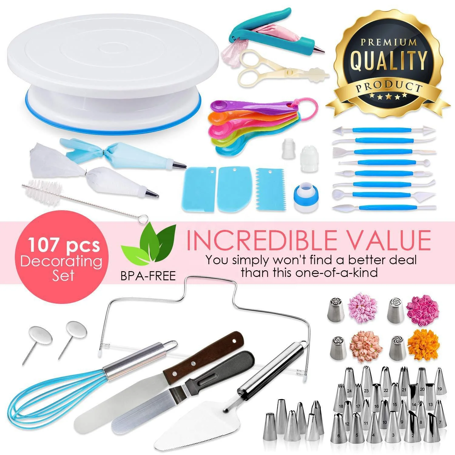 Quality 207 PCS Set Cake Decorating Kit Baking Supplies Cake Tools with Cake Turntable Piping Nozzles Coupler Metal Knife Set