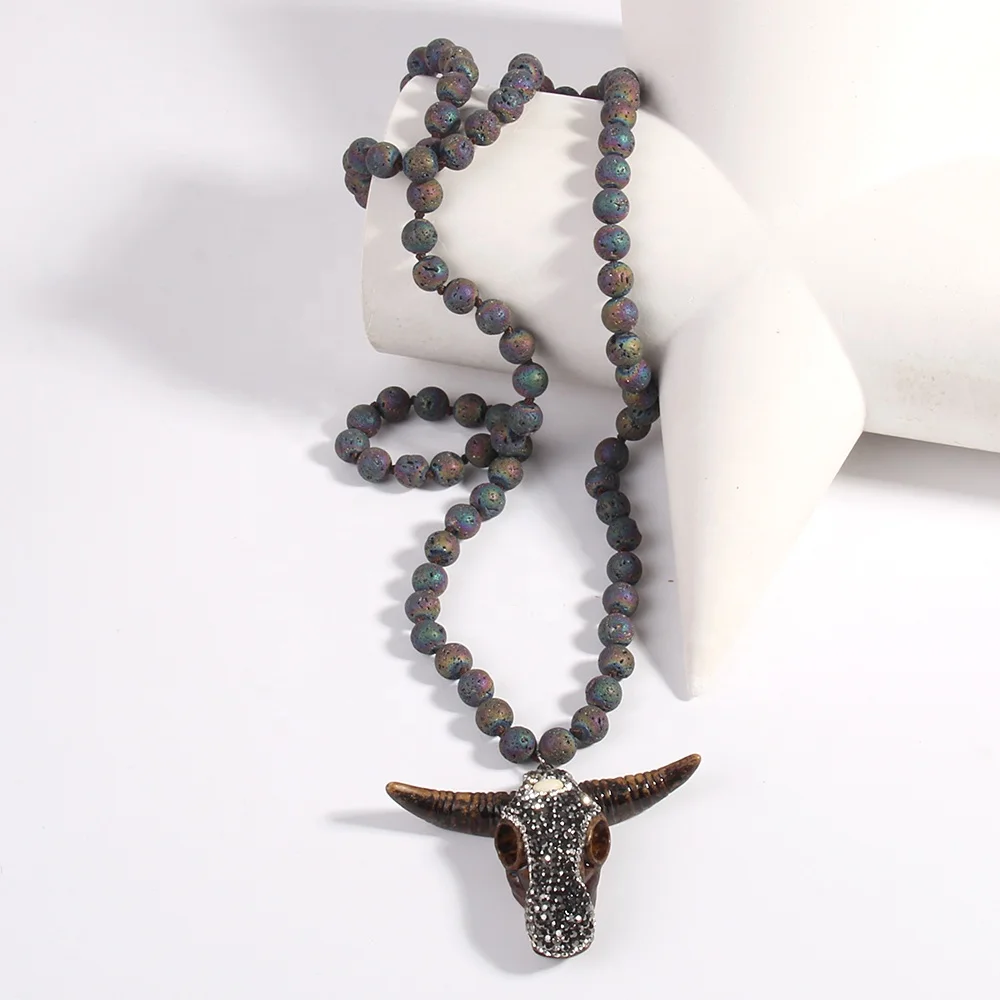 Bohemian Tribal Jewelry Lava Stone Necklace Knotted Handmade Rhinestone Paved Buffalo Skull Bull Horn Head Pendant Necklace