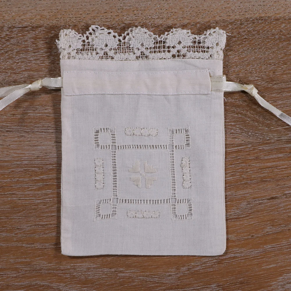 B015 Cream Ramie cotton  Hand embroidery Gift bags Sachet bags Travel pouch  Drawstring bag