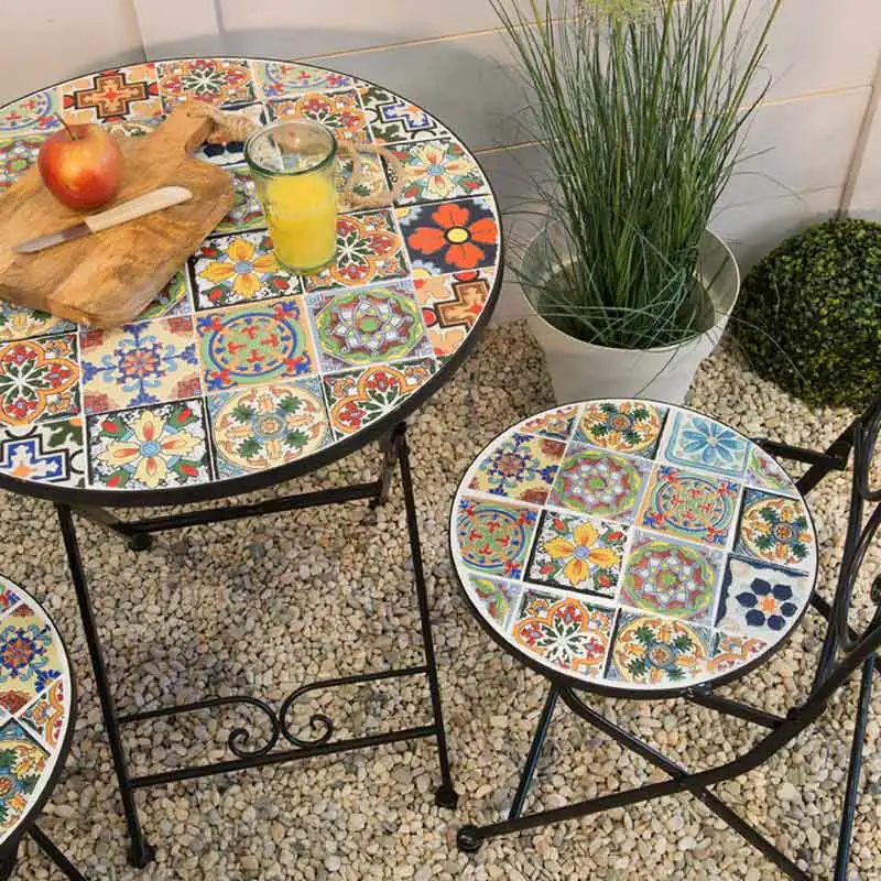 AJUNION 3pcs Outdoor Bistro Metal Table Chair Set Antique Mosaic Ceramic Bistro Set