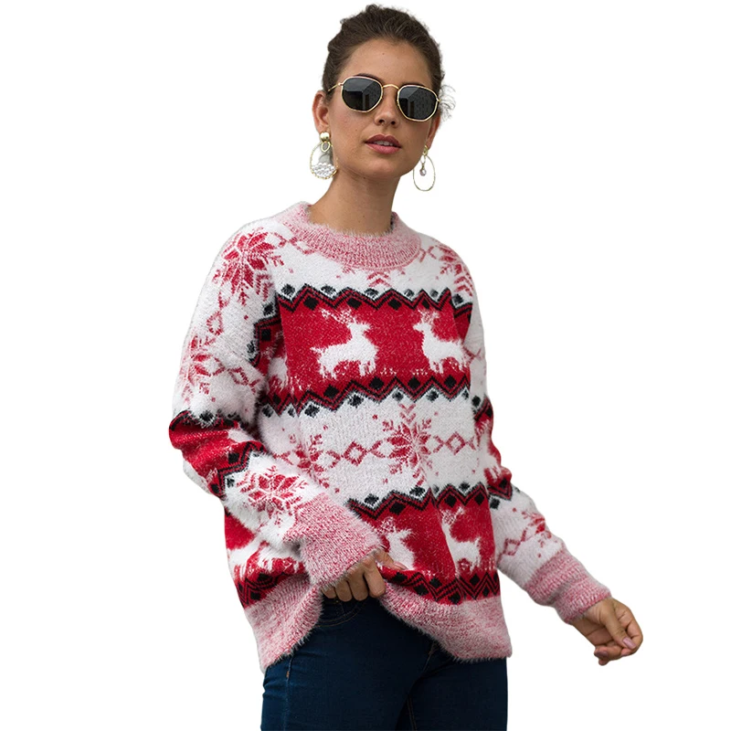 Custom christmas sweater knitting patterns pullover deer snow embroidered women  funny christmas  sweater