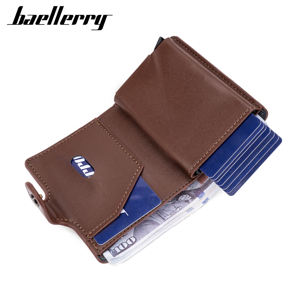 Baellerry Vintage Slim Leather Wallet Alloy Side Push Pop Card Holder RFID Auto Pop Aluminium Credit Card Holder Custom Logo