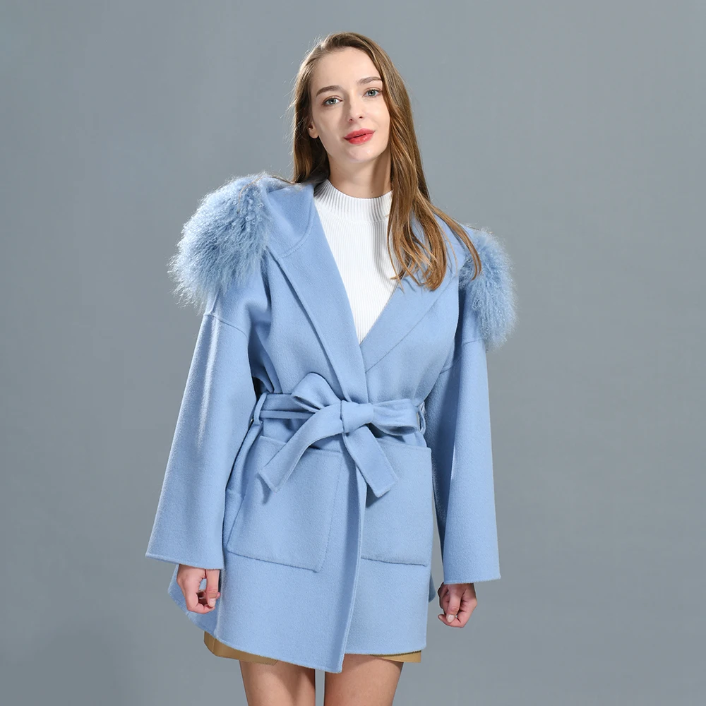 New Trending Fashion Winter Plus Size Wool Cashmere Mongolian Fur Coat Women Cashmere Coat Fur Collar