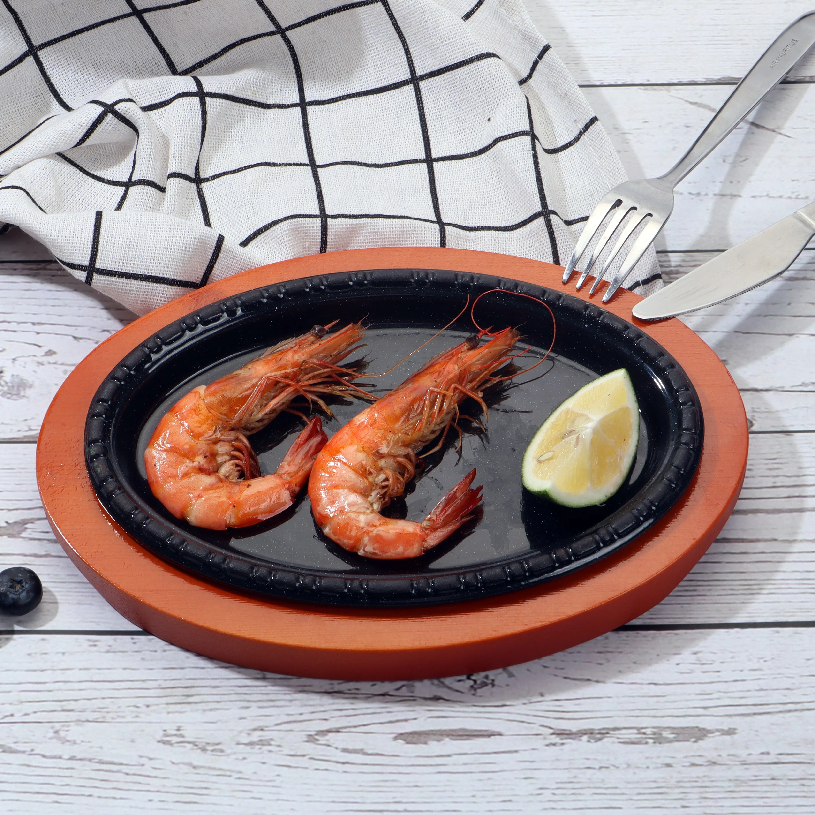 Cast Iron Oval Sizzler Sets Hot Serving Dish Steak Frying BBQ Roasting Baking Mini Grill Plate With Wooden Tray