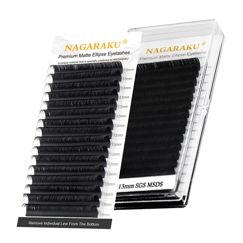 NAGARAKU Flat Ellipse Eyelashes Extensions Matte Black Split Tips 0.15 0.20 B C D curl Natural Light 16 rows Big Tray