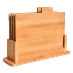 5 In 1 Bamboo Cutting Chopping Board Set With Stand Acacia Wood Food Sign Labels Meat Fish Bread Vegetable