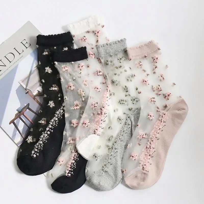 BD-S242 Summer Beautiful Thin Breathable Crystal Silk Flower Fashion Transparent Sock For Women