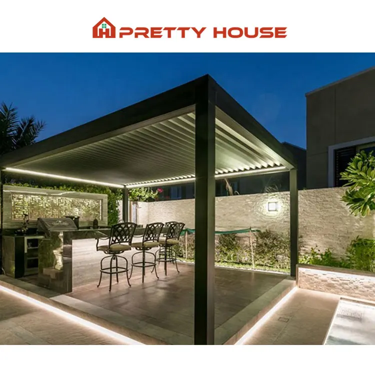 Prettyhouse Custom LED Lights Louvre Bioclimatic Aluminium Pergola Manufacturer Factory