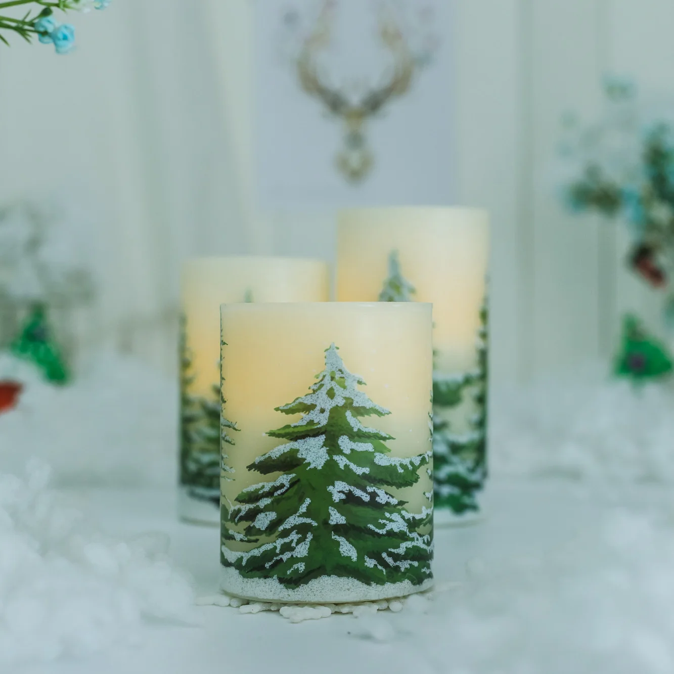 Senmasine Remote Control Flickering Wick Real Pillar Wax Led Glitter Christmas Tree Decal Battery Operated Flameless Candles