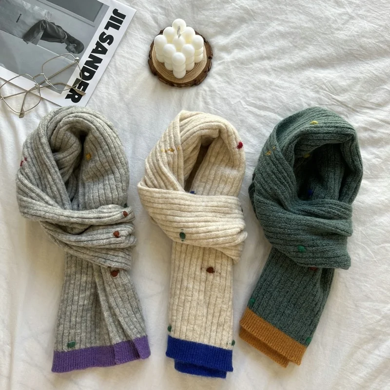 Autumn And Winter Woman Cute Colorful Dotted Plain Knitted Scarves Cashmere Snood Scarf