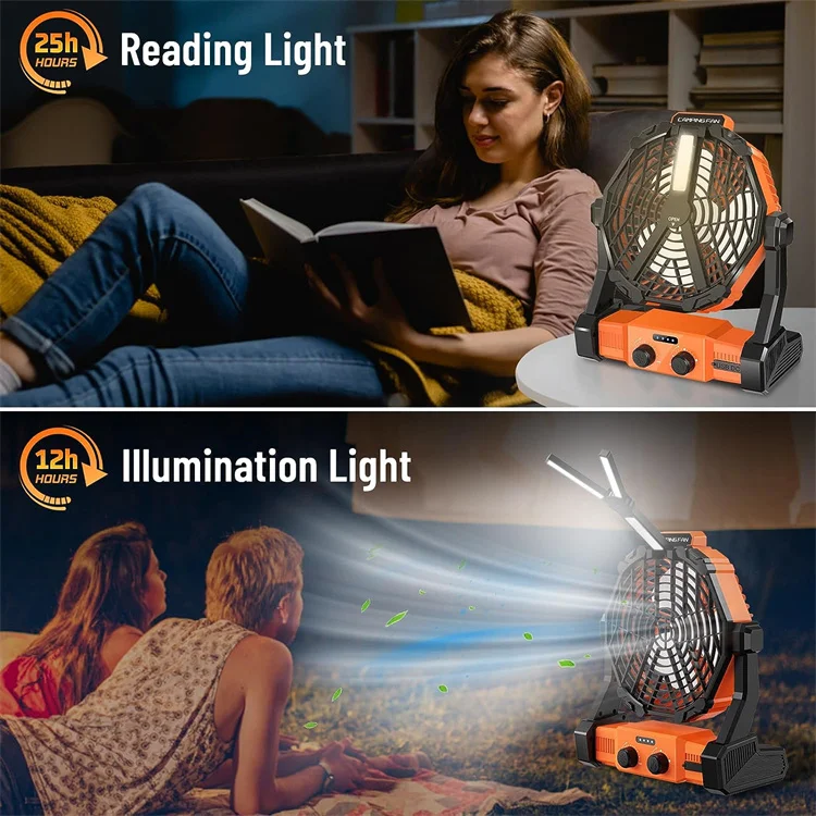 270 degree Rotation Reading Lamp Emergency cell phone charging Outdoor Travel Tent Fan with Hook Ceiling Fan outdoor fan for cam