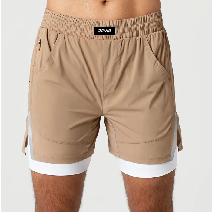 Men 2 In 1 Woven Gym Training Shorts Tight Lining Shorts With Phone Pocket