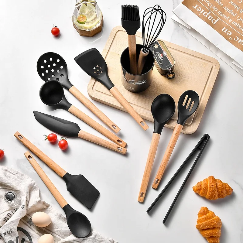 Wholesale 12 Pieces In 1 Set Kitchen Accessories Set Ladle Spoon Cooking Utensils Set With Wood Handle
