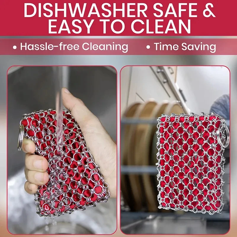 Premium 316L Stainless Steel Chainmail Scrubber with Silicone Insert Cast Iron Cleaner Set for Kitchen Cleaning Sponge Included