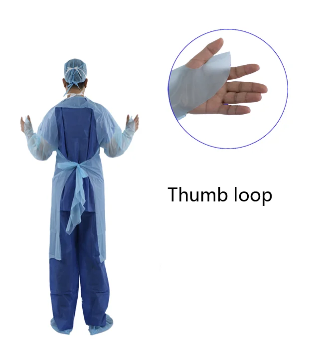 Wholesale CPE Gown Blue Medical Waterproof Disposable Polyethylene Plastic Hospital Isolation CPE Gown with Thumb Loop