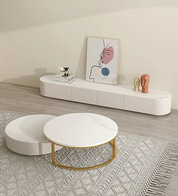 Cream Style Rock Plate Countertop Solid Wood Living Room Furniture TV Stand Modern White Customized TV cabinet