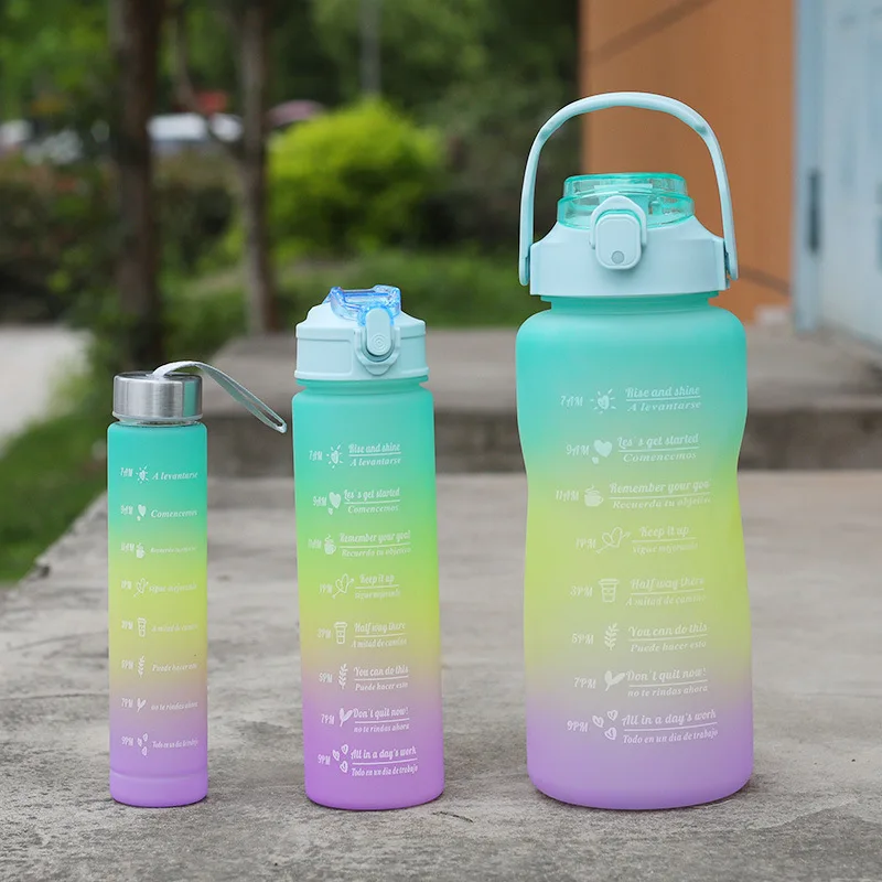 Gradient Frosted Leakproof 3pcs 1 Set Reusable Plastic Water Bottle With 3D Stickers Gym Cyclin