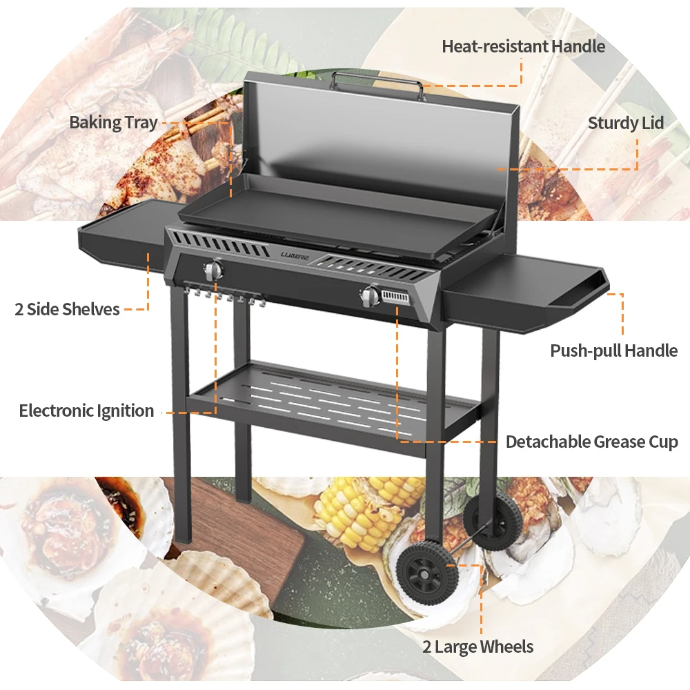 Two Side Shelf Camping Cooker Outdoor Griddle Two Burners Steel Gas Griddle with Hood