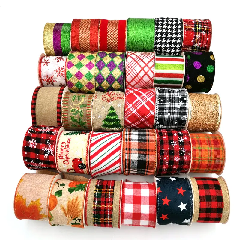 Christmas Party Gift Wrapping Decoration Wire Edge Trim Polyester Plaid Tartan Checker  Ribbon Roll for Bow