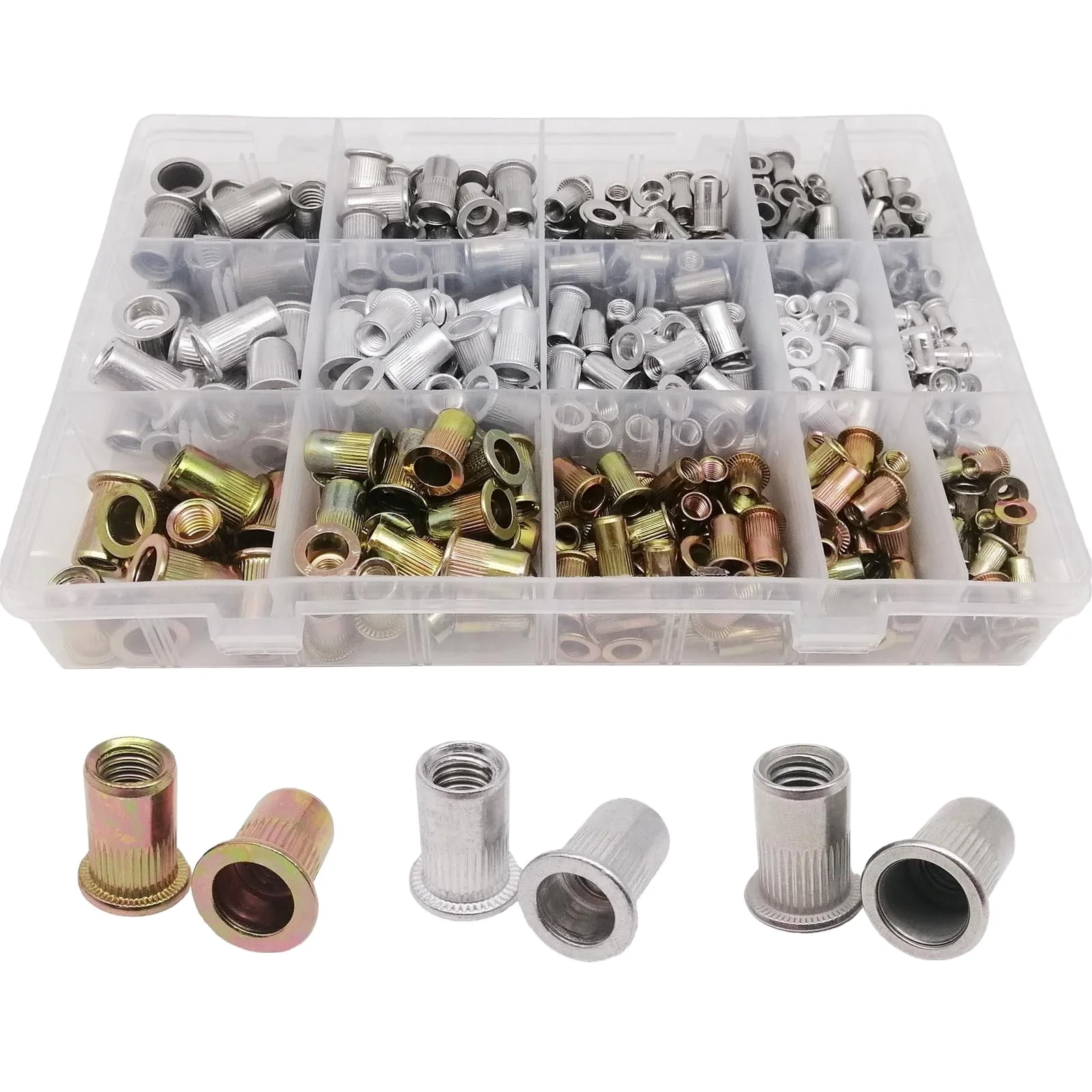 1 Box 402pcs M3 M4 M5 M6 M8 Assortment Kit Mix 304 A2-70 Stainless Steel Carbon Steel Aluminum Flat Head Rivnut Rivet Nut