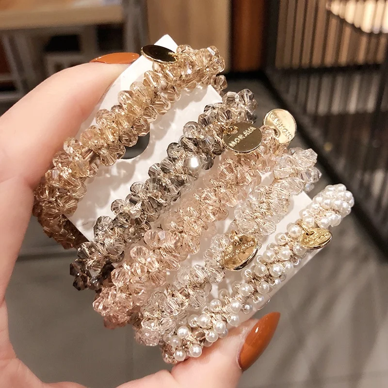 Women girls fashion crystal rhinestones scrunchie elastic rubber band hair tie accessories pearl scrunchies