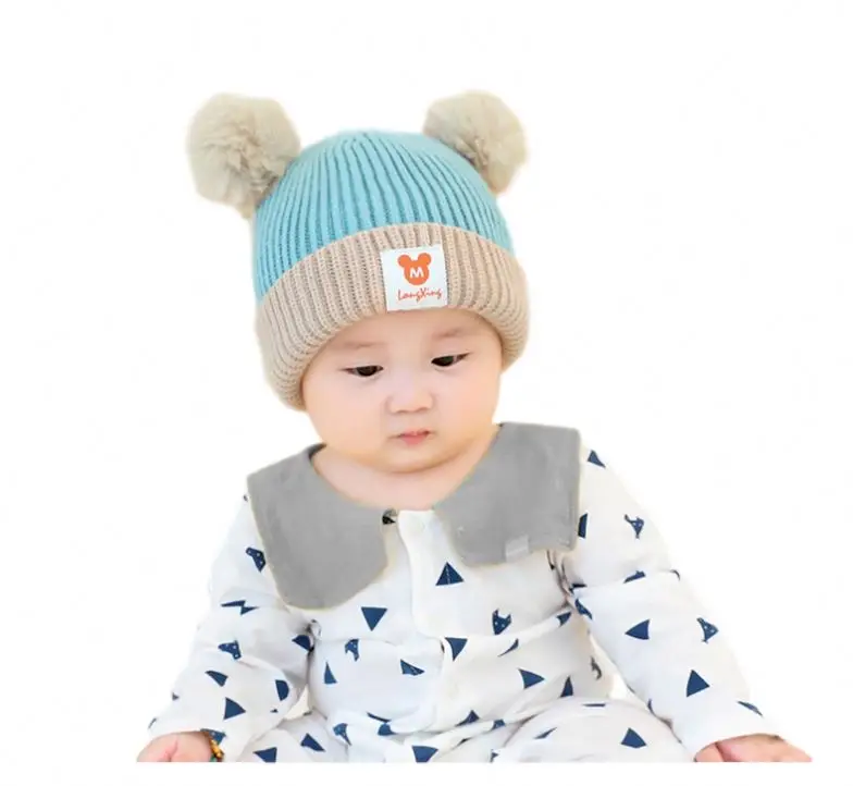 Soft Warm Baby Kids Knitting Hat Cotton Beanie Hat With Big Pompom Hat