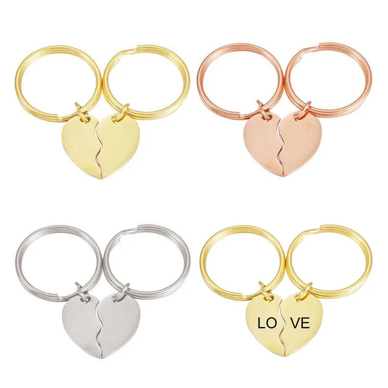 Engraved Blank Stainless Steel Heart Double Key Chain Dual Couple Keychain Pair Heart Couple Laser Logo Keychains Tag Love Gift