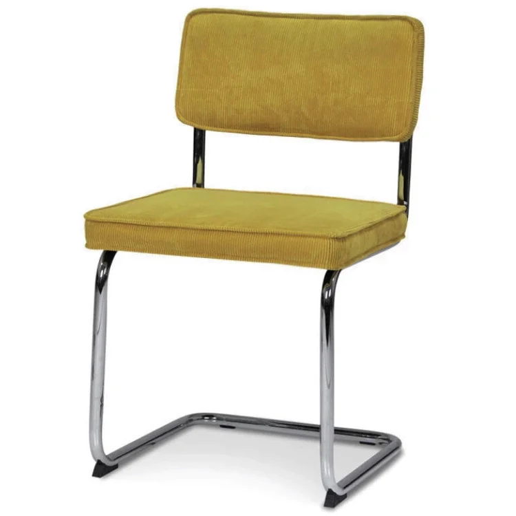 Stylish luxury leisure yellow fabric dining chair with bow shape chromed metal stand