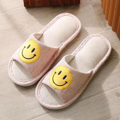 
Wholesale unisex linen happy face slippers breathable comfortable for spring 