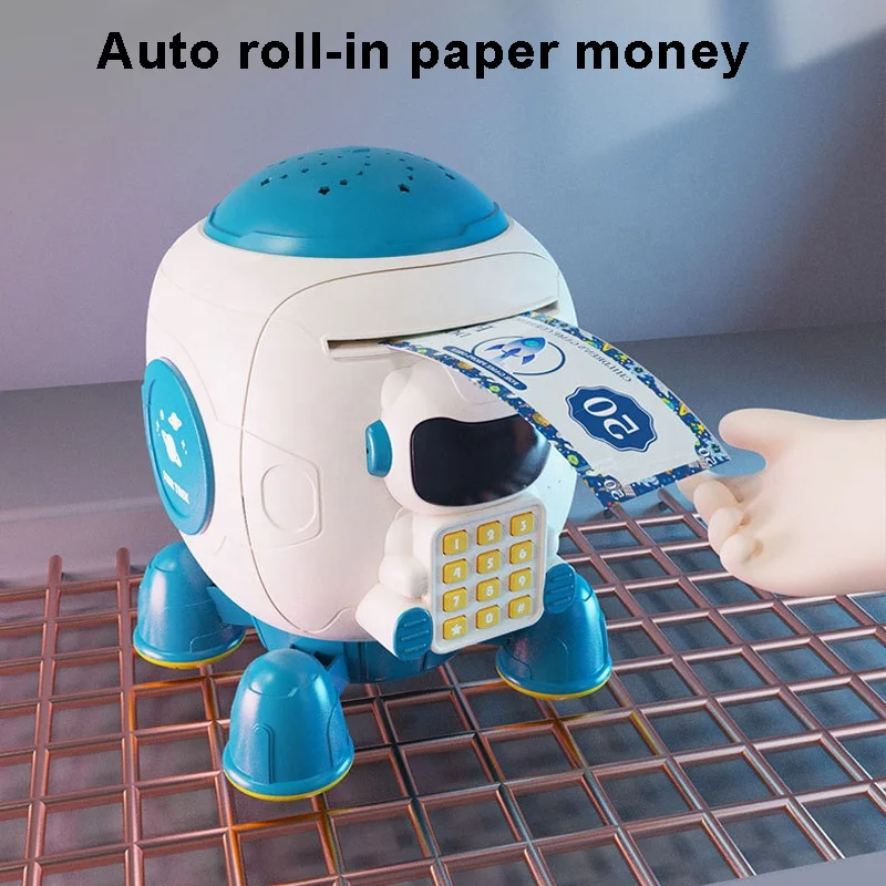 New kids saving money pretend play mini rocket piggy bank toy children fingerprint unlock projection money bank with music story