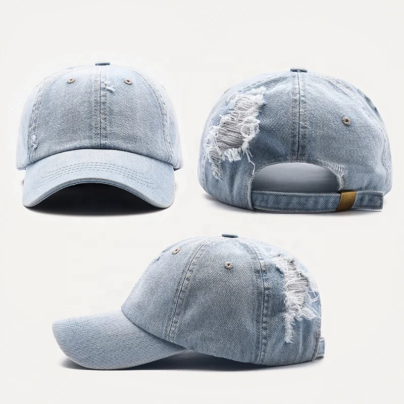 
D&Z dropshoping wholesale custom logo plain blank ripped vintage denim dad hats 
