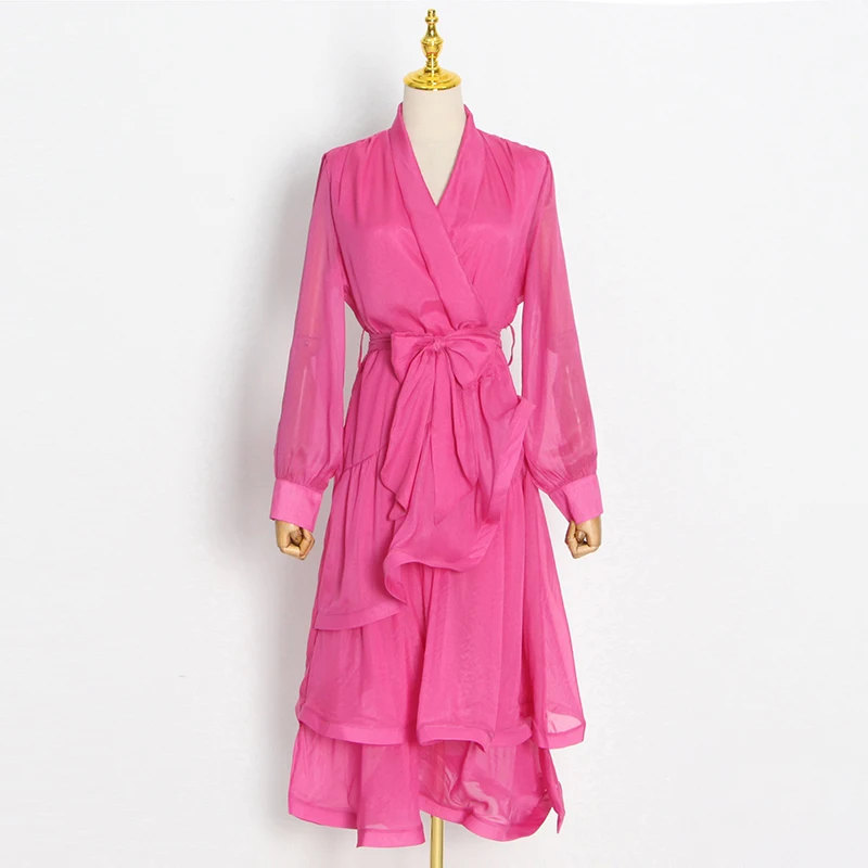 TWOTWINSTYLE Ruffle Dress For Women Lace Up High Waist Asymmetrical Midi Dresses Female Clothes