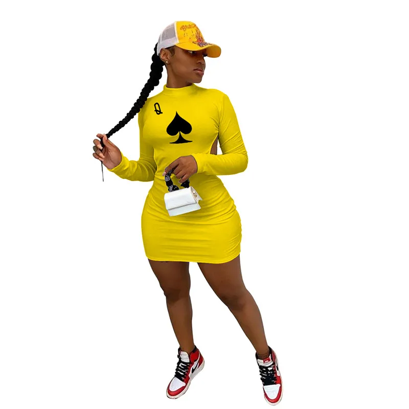 
Fall Letter Q Poker Spades Pattern Long Sleeve Halter Sexy Nightclub Dress Half High Collar Middle Dress 