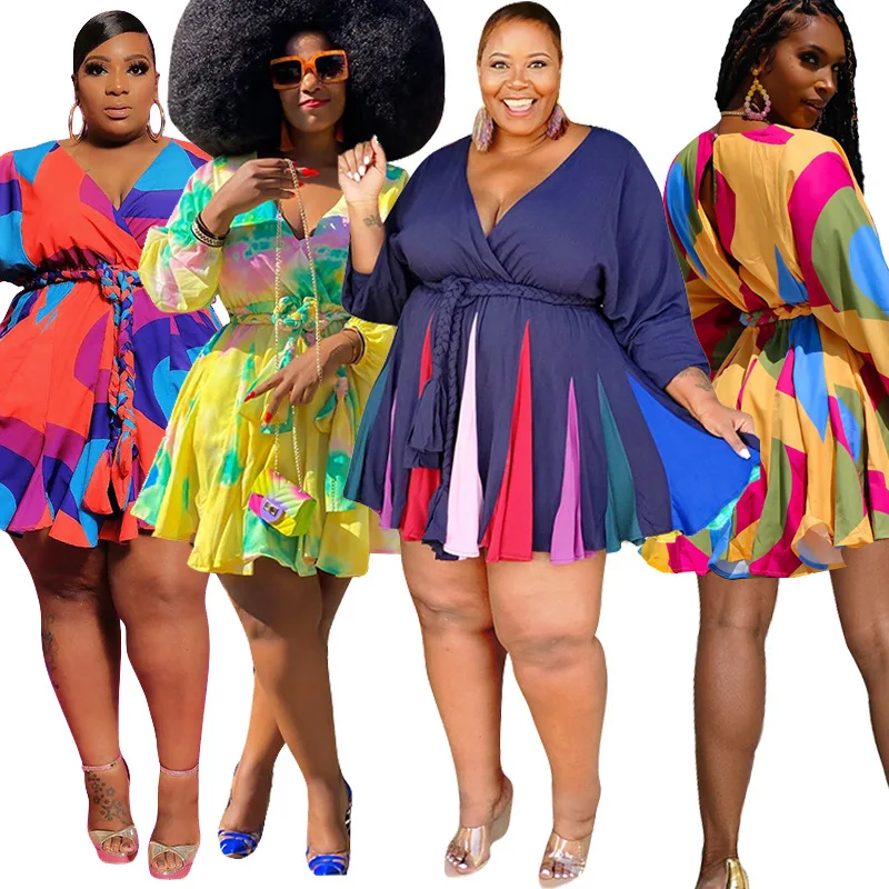 
 Women Spring Fashion New Casual Tie Dye Dress Summer V Neck Long Sleeve Cotton Dresses with belt Tunic Skirt  