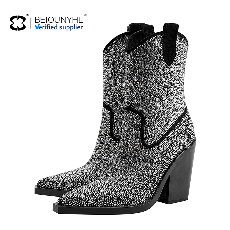 2024 New Ladies Rhinestone Western Pointed Toe Wedge Heel Ankle Boots Women Shoes Black Suede Block Heel Wide Calf Booties