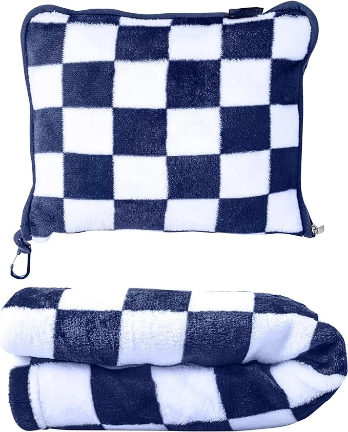 OEM 100% Polyester 4-in-1 Soft Checkerboard Pattern Plaid Travel Blanket with Portable Zipper Bag Custom Logo