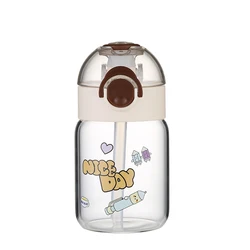 Wholesale 380ml Kids Drinking Bottle Borosilicate Glass Cartoon Baby Water Bottle With Straw Travel Leakproof Milk Cup