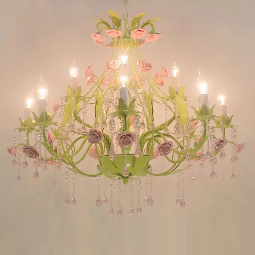 Custom Decorative Luxury Ceramic Rose Flowers Chandelier LED Pendant Light Indoor Hotel Modern Crystal Chandelier