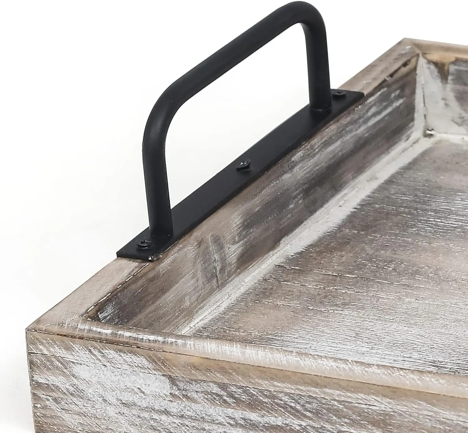 Rural style wooden food tray with metal handle, retro farmhouse decorated dining plate