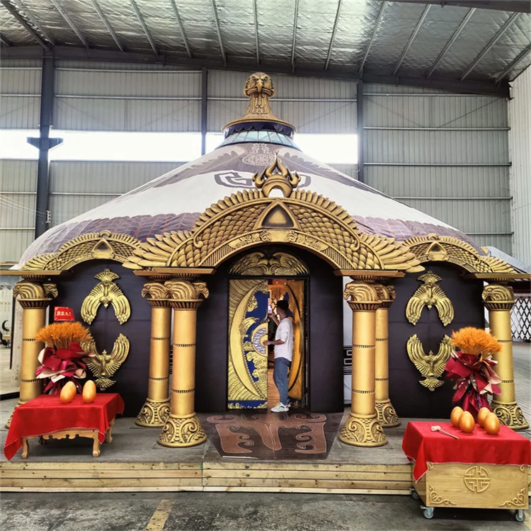 Outdoor Waterproof Wooden Mongolian Yurt House Canvas Glamping Tent with Bedroom and Stove