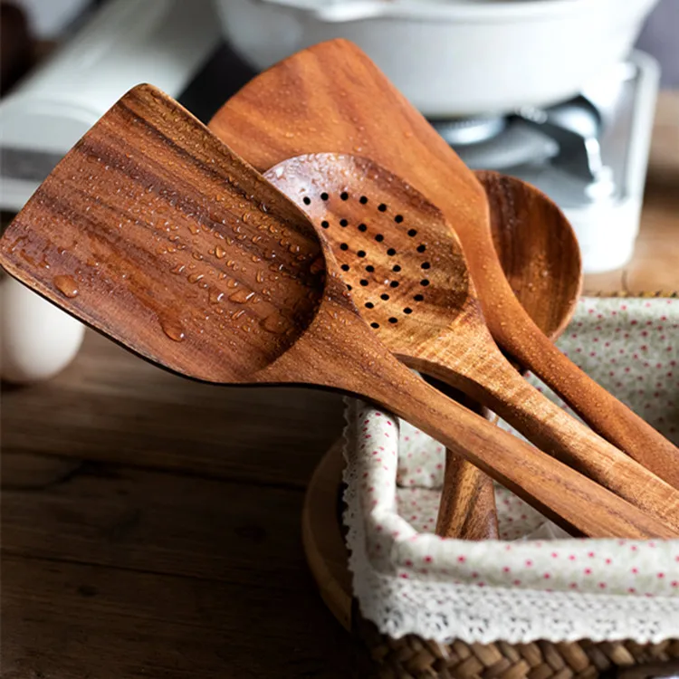 Wooden Cooking Utensil Set Non-stick Pan kitchen Home Professional Cooking Wooden Utensils Set natural Teak Wood Utensil Set